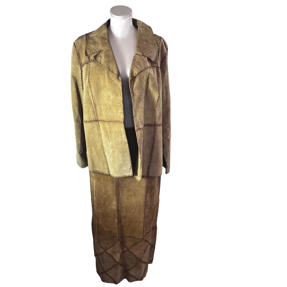 Vintage Tan Suede Patchwork Jacket (18) Skirt (14) Set Boho Festival Western